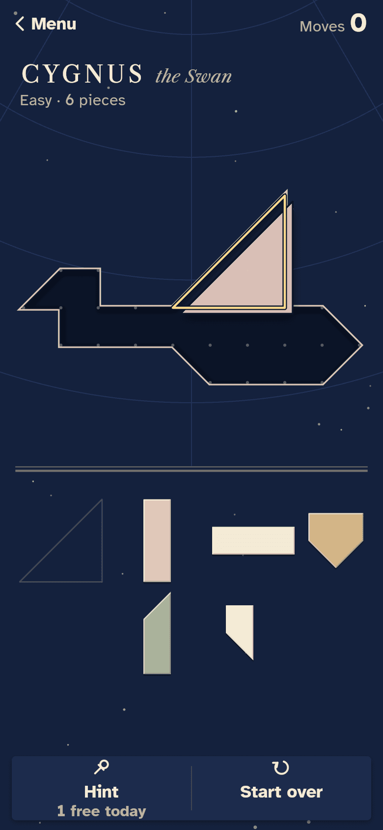 The game on a phone: a triangle is lifted over the outline of Cygnus, the Swan, and a gold line shows where it will land.