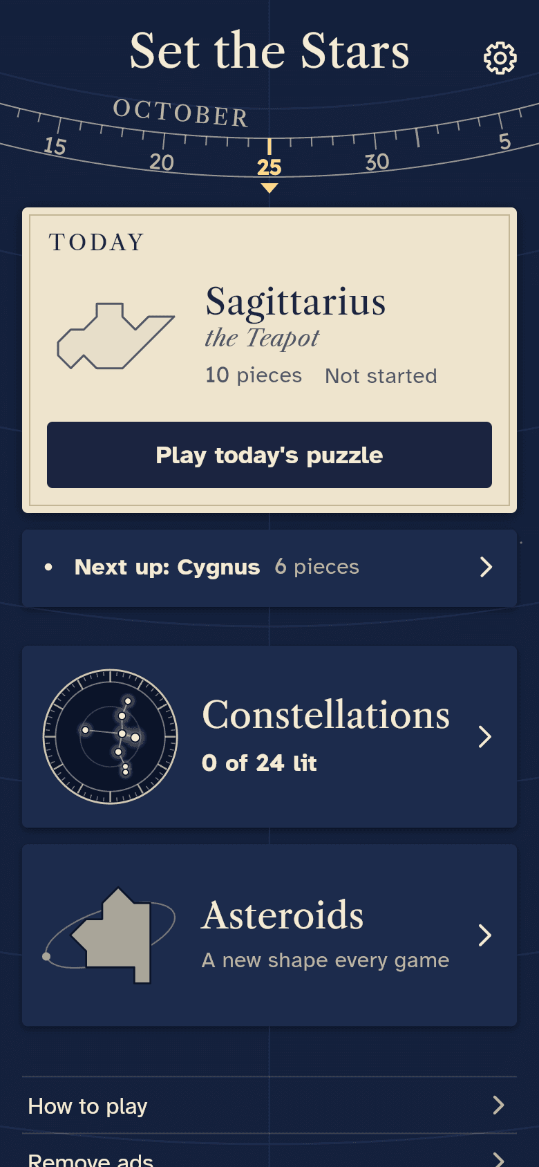 The game's home screen: today's puzzle, Sagittarius, the Teapot, at the top, then Constellations and Asteroids.