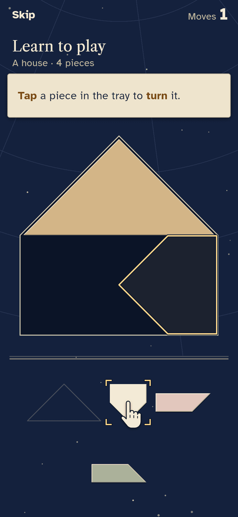 The tutorial: a hand taps a piece in the tray to turn it, and a gold outline shows where it will fit.